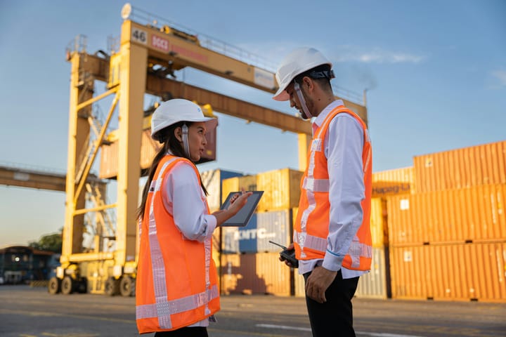 Two workers in hard hats discussing a document on a tablet in front of shipping containers